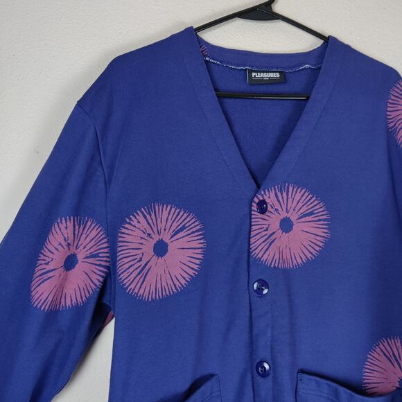 Pleasures Now Freeze Blue Cardigan Sweater Spore Print Large Streetwear Indie - Picture 8 of 13
